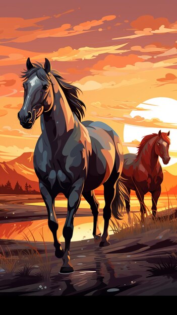 Ilustração vetorial cavalos de estilo de desenho animado em um campo ao pôr do sol papel de parede móvel vertical