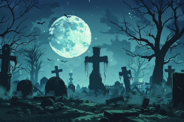 Ilustração vetorial cena realista de cemitério de Halloween pano de fundo assustador para projetos