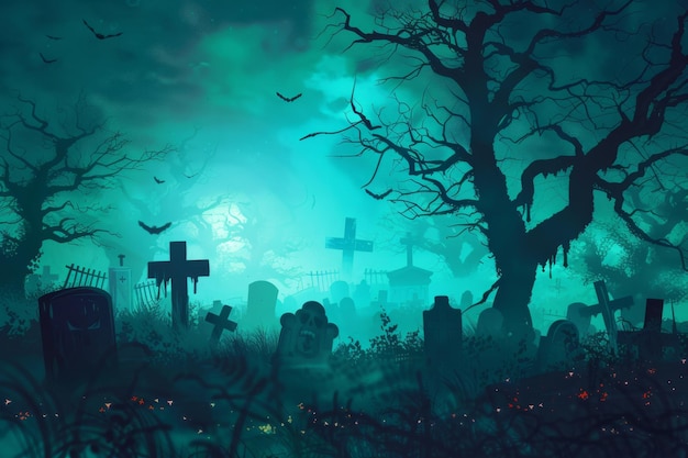 Ilustração vetorial cena realista de cemitério de Halloween pano de fundo assustador para projetos