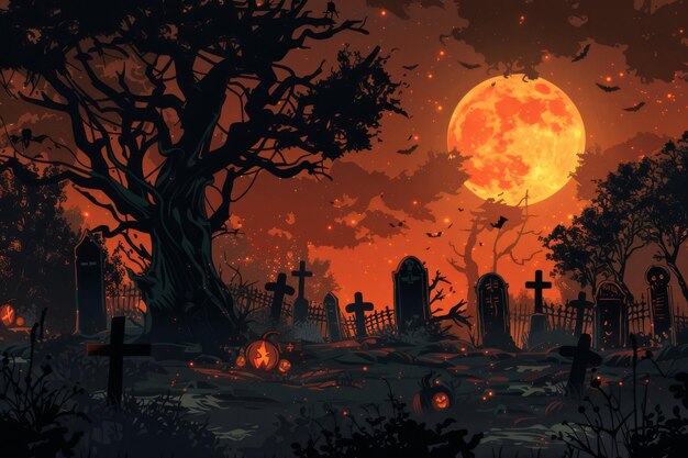 Ilustração vetorial cena realista de cemitério de Halloween pano de fundo assustador para projetos