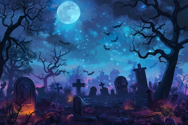 Ilustração vetorial cena realista de cemitério de Halloween pano de fundo assustador para projetos