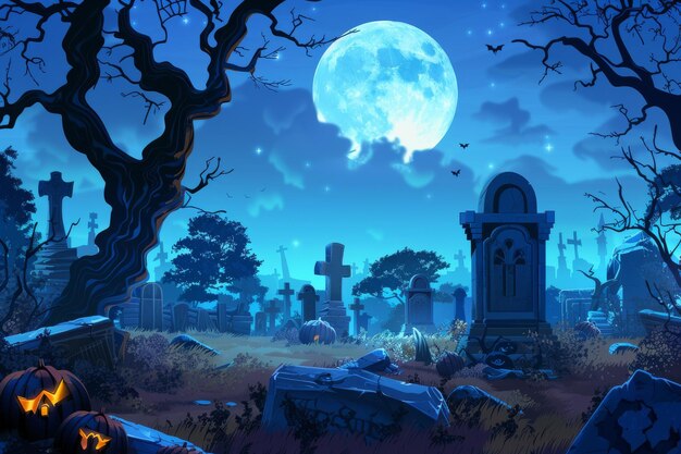 Ilustração vetorial cena realista de cemitério de Halloween pano de fundo assustador para projetos