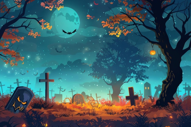 Ilustração vetorial cena realista de cemitério de Halloween pano de fundo assustador para projetos