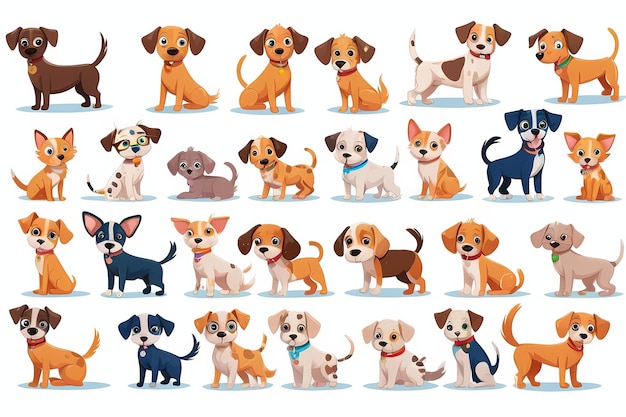 Foto ilustração vetorial cute dog doodle set e coleção de design de personagens de desenho animado de cão