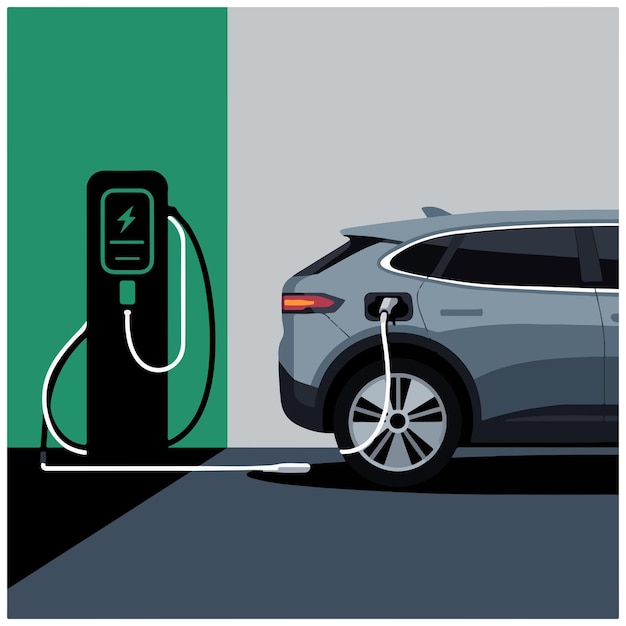 Ilustração vetorial da carga de veículos numa estação de carga eléctrica na cidade Ilustração vectorial de