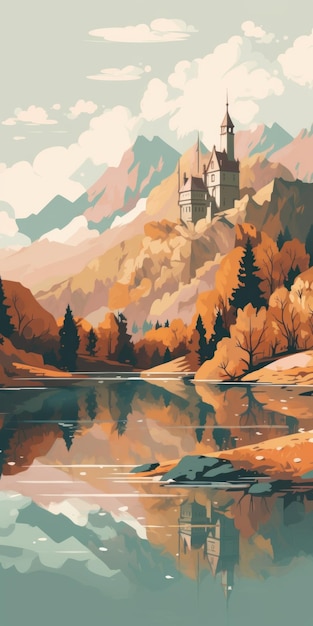 Ilustração vetorial das terras altas com montanhas alpinas e palácio no lago