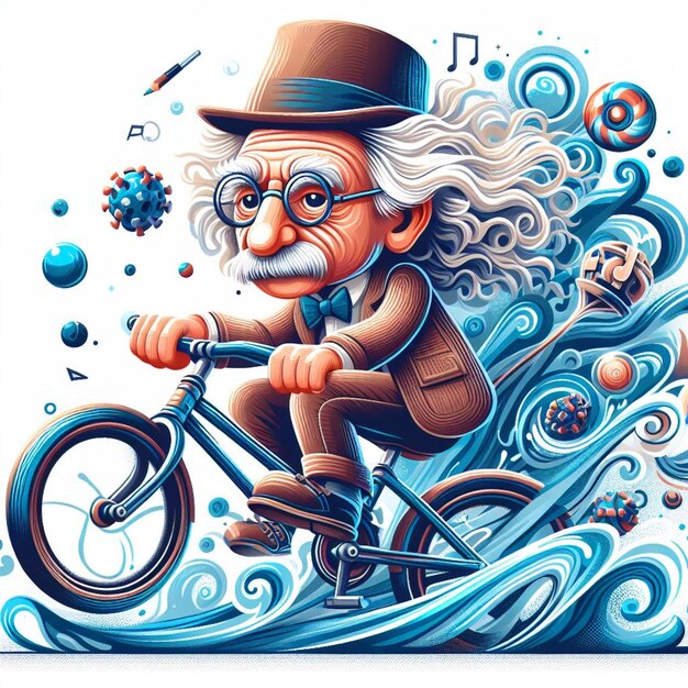 Ilustração vetorial de Albert Einstein andando de bicicleta Abstract Cartoon Art