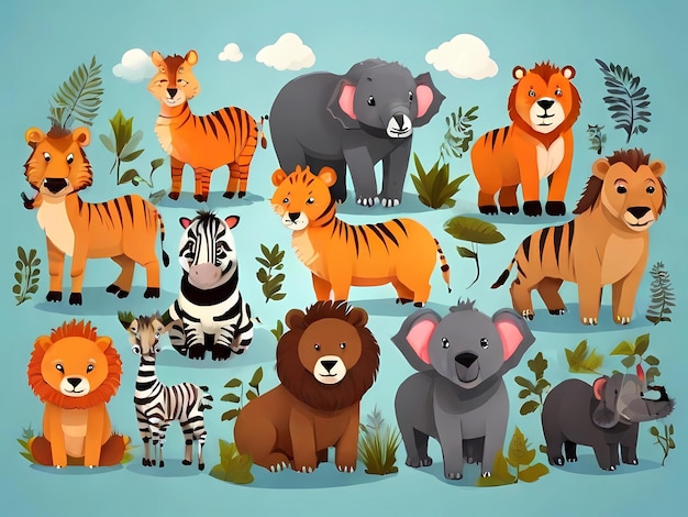 Ilustração vetorial de animais e bebês, incluindo coalas, pinguins, girafas, macacos, elefantes