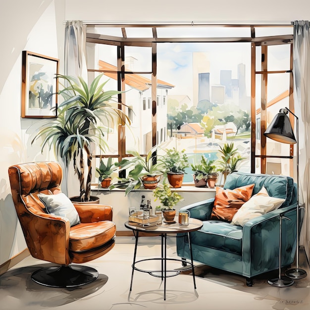 Ilustração vetorial de aquarela de uma sala de estar