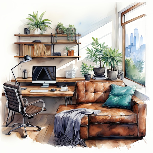 Ilustração vetorial de aquarela de uma sala de estar