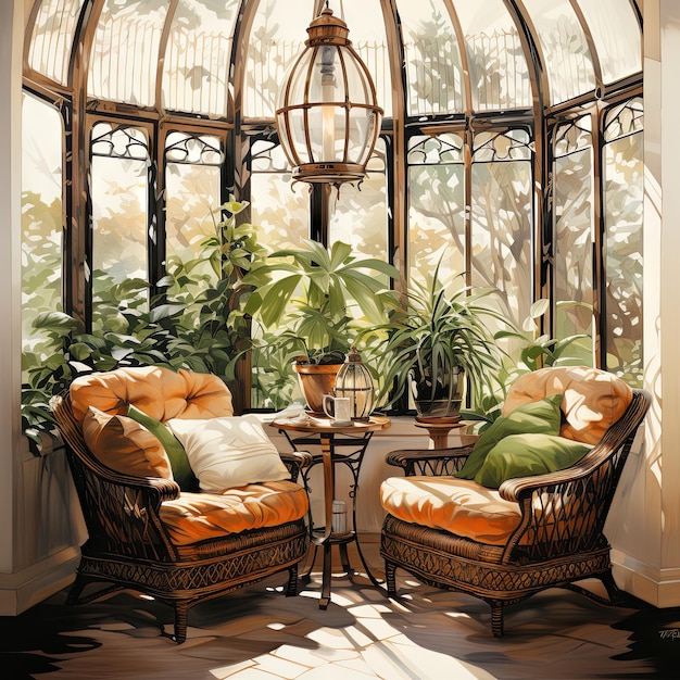 Foto ilustração vetorial de aquarela de uma sala de sol