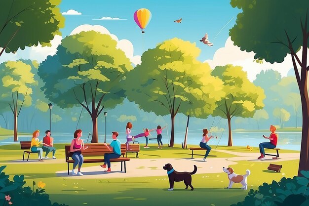 Ilustração vetorial de atividades do parque Crianças brincam juntas em baloiços com papagaios casais em bancos e jogging homem com cão mulheres fazem ioga e lêem livros