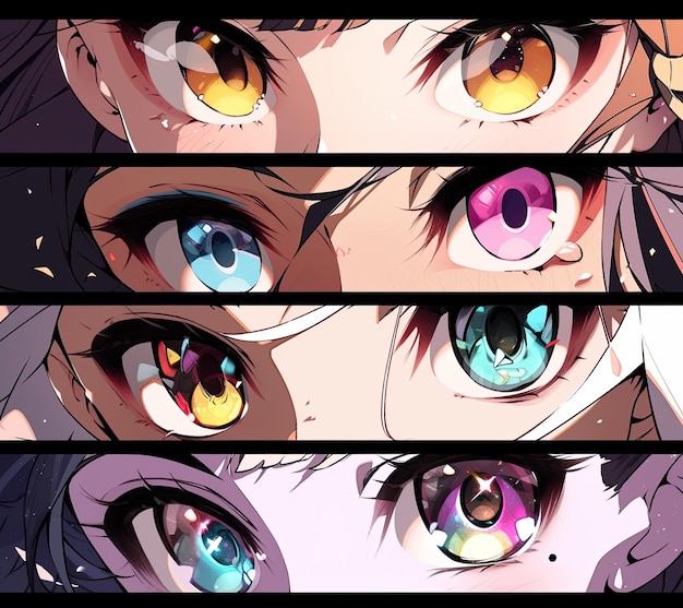 Foto ilustração vetorial de belos olhos de anime conjunto de olhos femininos em diferentes cores