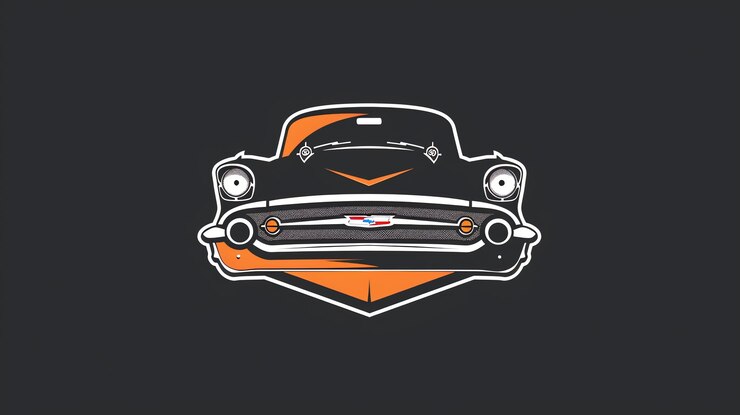 Foto ilustração vetorial de carro clássico preto e laranja em fundo cinza escuro
