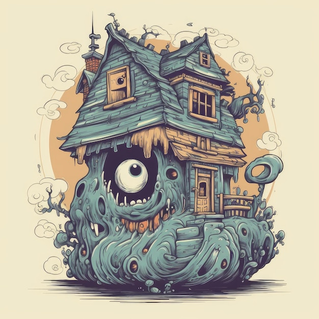 ilustração vetorial de casa monstro para camiseta desenhada
