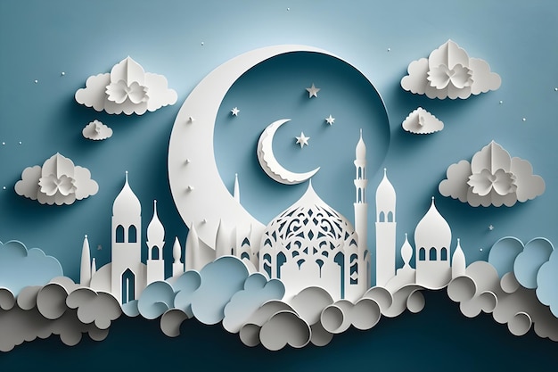 Ilustração vetorial de corte de papel com mesquita e nuvens de lua azul e branco Ramadan Generative AI