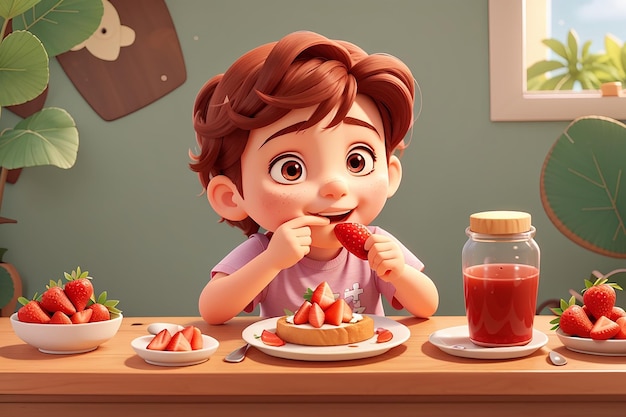 Ilustração vetorial de criança comendo pão e geléia de morango