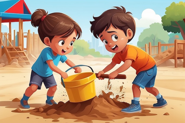 Foto ilustração vetorial de crianças crianças menino e menina lutando disputa briga por brinquedo balde pá em caixa de areia areia playground