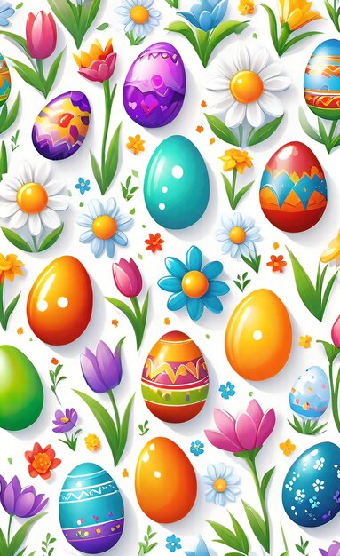 Ilustração vetorial de decorações de Páscoa pintadas coloridamente ovos de Páscua e flores de primavera