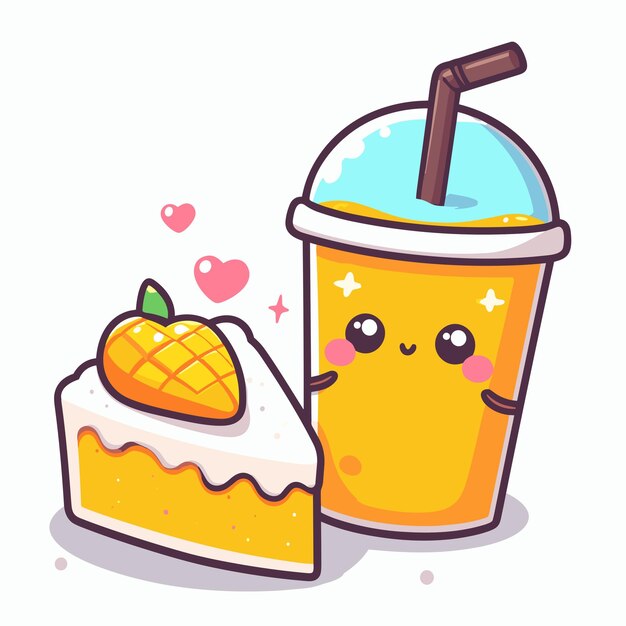 Ilustração vetorial de desenho animado kawaii de smoothie de manga e fatia de ícone de comida de bolo