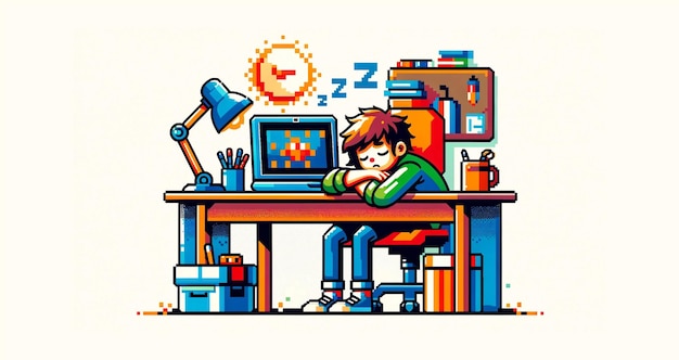 Ilustração vetorial de design plano de um menino dormindo em uma grande mesa na frente de seu laptop