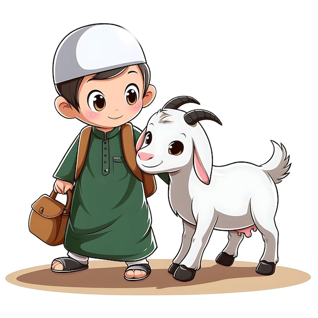 Ilustração vetorial de Eid ul adha um menino com uma cabra para ser sacrificada