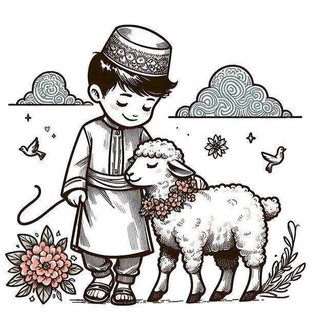 Ilustração vetorial de Eid ul adha um menino com uma cabra para ser sacrificada