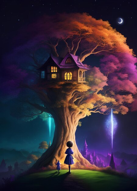 Foto ilustração vetorial de fantasia mágica crianças felizes terra dos sonhos conto de fadas arte conceitual de casa na árvore colorida