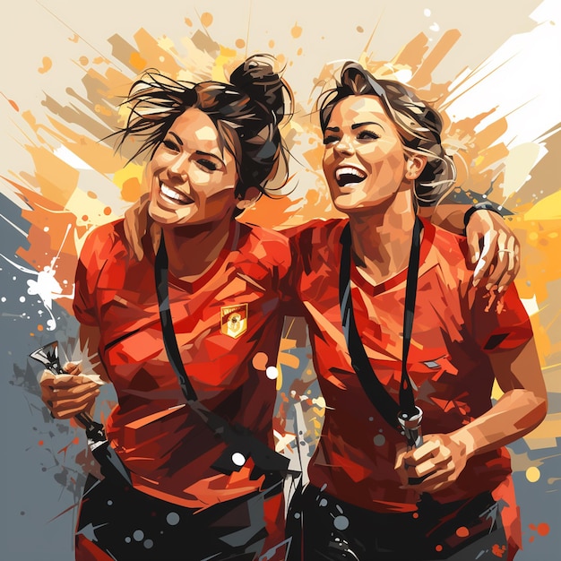 Ilustração vetorial de jogadoras de futebol espanholas comemorando sua vitória na copa do mundo