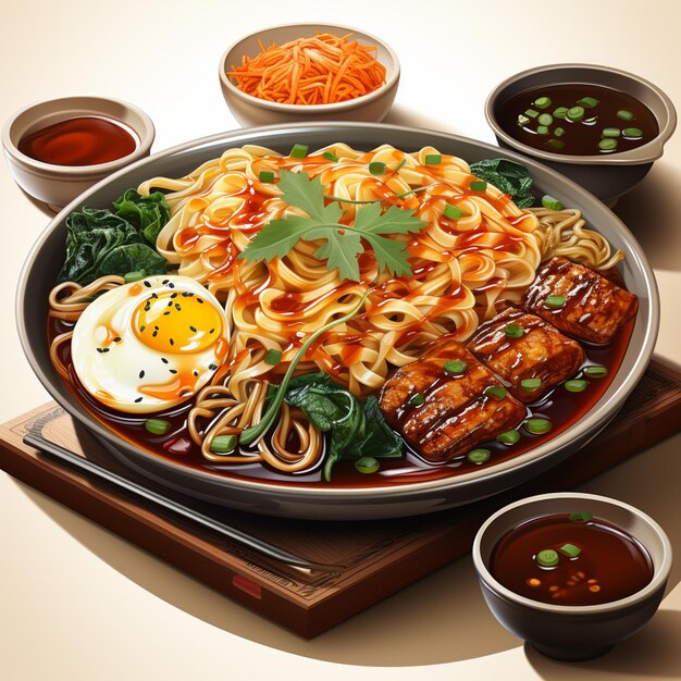 ilustração vetorial de macarrão jajangmyeon coreano com acompanhamentos adicionais de banchan danmuji e