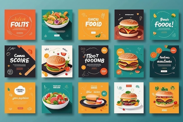 Ilustração vetorial de modelo de postagem de mídia social de alimentos Conjunto de modelo de banner quadrado editável para postagem sobre alimentos