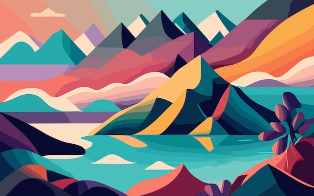 Ilustração vetorial de montanhas e lagos em estilo plano panorama de cores gradientes