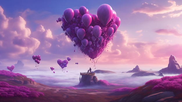 Ilustração vetorial de paisagem de fantasia e coração flutuante de cor violeta