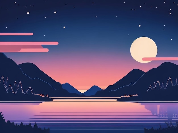 Ilustração vetorial de paisagem noturna com lua e estrelas