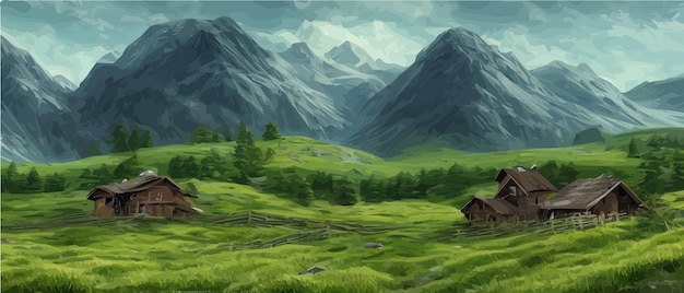 Ilustração vetorial de paisagem plana do campo de verão Vista da natureza céu montanhas aconchegantes casas de aldeia Casa