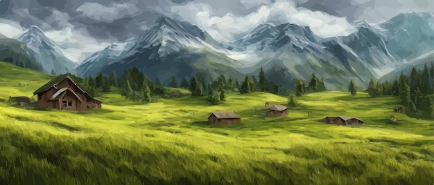 Ilustração vetorial de paisagem plana do campo de verão Vista da natureza céu montanhas aconchegantes casas de aldeia Casa