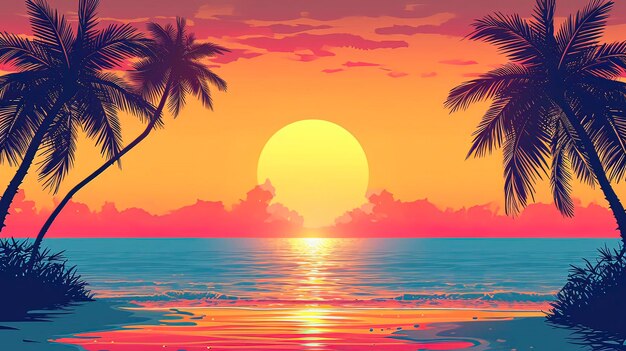 Ilustração vetorial de pôr-do-sol de praia tropical para impressão em uma camiseta