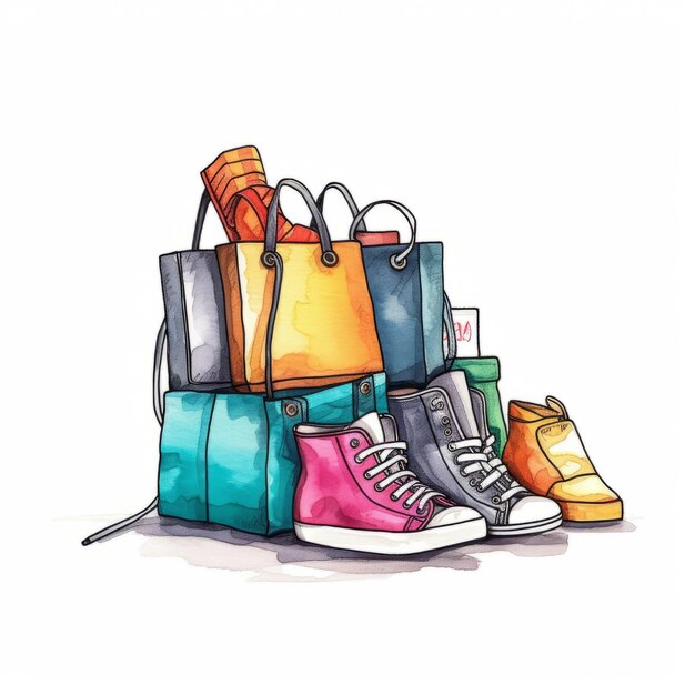 ilustração vetorial de sacos de compras caixas e sapatos de moda em fundo branco