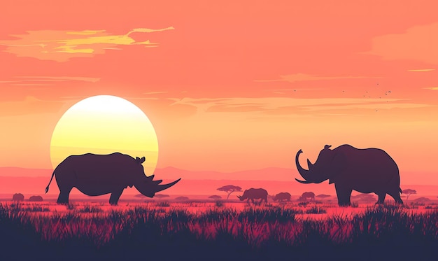 Ilustração vetorial de savana africana com rinoceronte ao pôr-do-sol