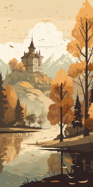 Ilustração vetorial de sombra de chuva com montanhas alpinas e palácio no lago