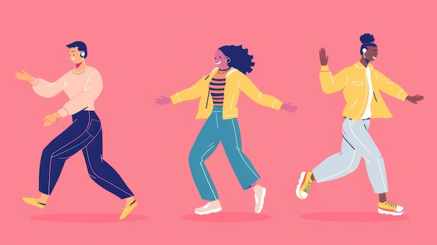 Ilustração vetorial de três pessoas felizmente dançando com um fundo rosa vibrante
