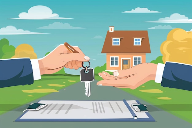 Ilustração vetorial de um agente imobiliário dando as chaves de um novo carro para um cliente que assina um contrato