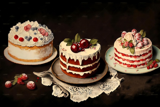 Ilustração vetorial de um conjunto de diferentes bolos de aniversário Vintage aquarela gerada AI