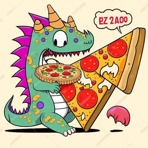 Ilustração vetorial de um dragão comendo uma pizza