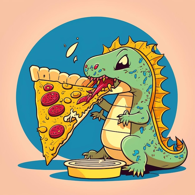 Ilustração vetorial de um dragão comendo uma pizza