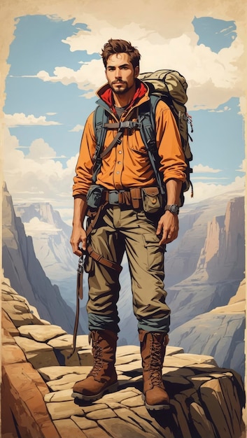 Ilustração vetorial de um explorador aventureiro orgulhosamente na beira de um penhasco acidentado