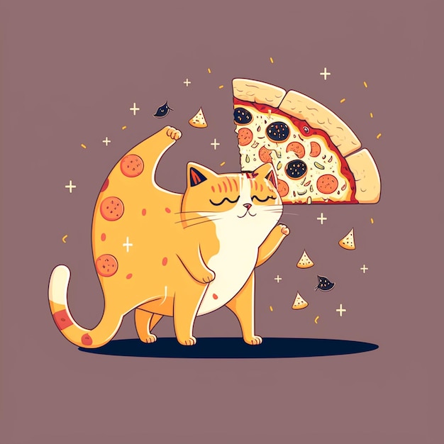 Foto ilustração vetorial de um gato comendo uma pizza