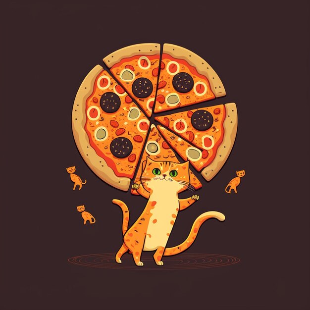 Foto ilustração vetorial de um gato comendo uma pizza