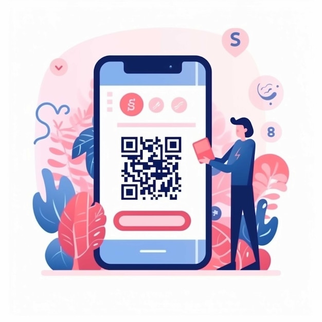 Foto ilustração vetorial de um homem com um tablet e um código qr em um smartphone