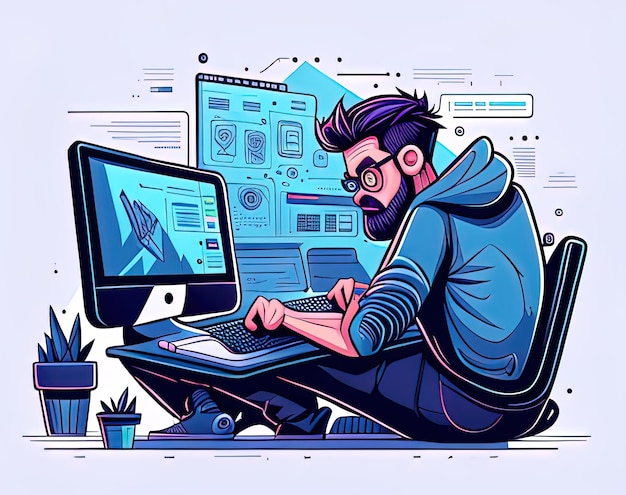 ilustração vetorial de um homem de óculos e um laptop